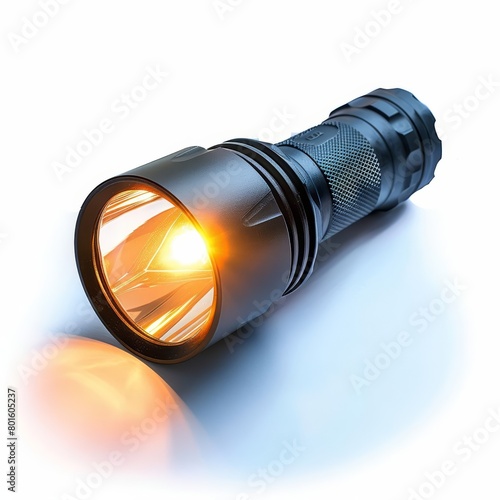 A bright headlamp casts a focused beam of light, essential for navigating through the dark wilderness, isolated on white background