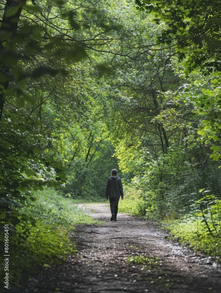 A woman in a yellow jacket walking down a forest path. A woman in a yellow jacket walking down a forest path.