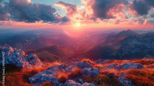 Summer sunrise illuminating the rolling mountains, grassy meadows, and rugged rocks.