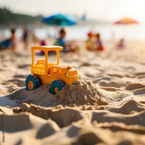 Yellow toy tractor on blurred background, close-up, space for text photo