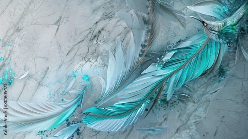 Wallpaper Mural Detailed depiction of hummingbird feathers in shades of blue on grey marble. Torontodigital.ca