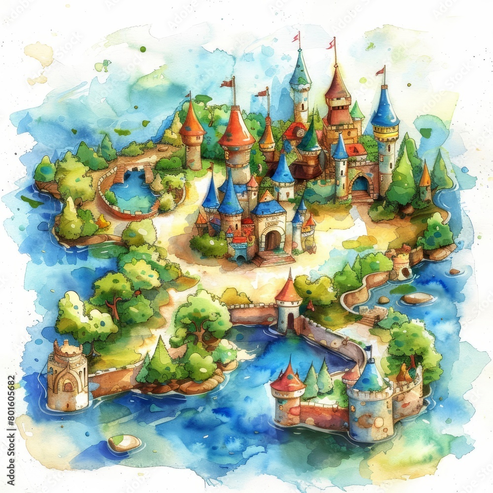 Fototapeta premium A watercolor painting of a whimsical castle with bright pastel colors and a rainbow flag flying from the top of the tallest tower