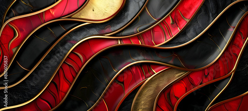 A vibrant abstract backdrop that combines stark geometric shapes with soft, undulating curves in a palette of scarlet red, black, and gold, emulating an HD photograph photo