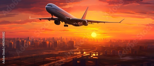 Airplane is flying in colorful sky over the city at night. Landscape with passenger airplane, skyline, purple sky with red and pink clouds. Aircraft is landing at sunset. Aerial view. Transport