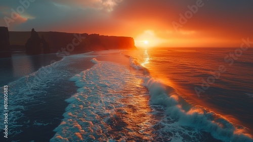 Dramatic sunrise casts warm hues over the Reynisdrangar cliffs as ocean waves ripple across the shoreline in Iceland. A tranquil and beautiful natural landscape scene. photo