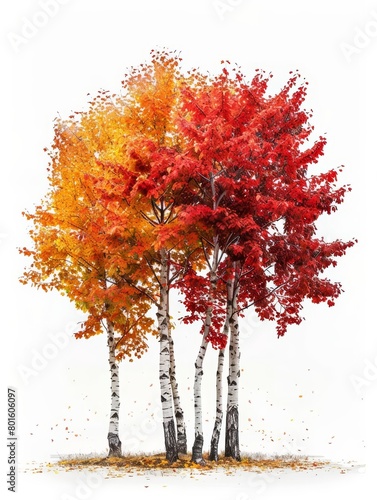 An illustration of five birch trees with leaves turning from green to yellow and orange and red in the fall. The trees are set against a white background.