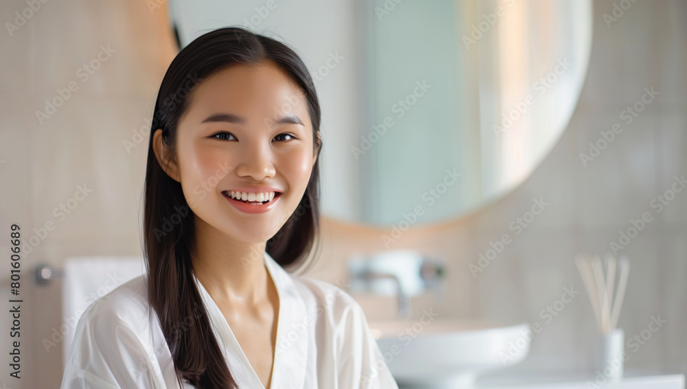 beautiful Asian woman with straight hair, smiling and wearing white pajamas is standing in front of the bathroom mirror beautiful Asian woman with straight hair, smiling and wearing white pajamas is standing in front of the bathroom mirror