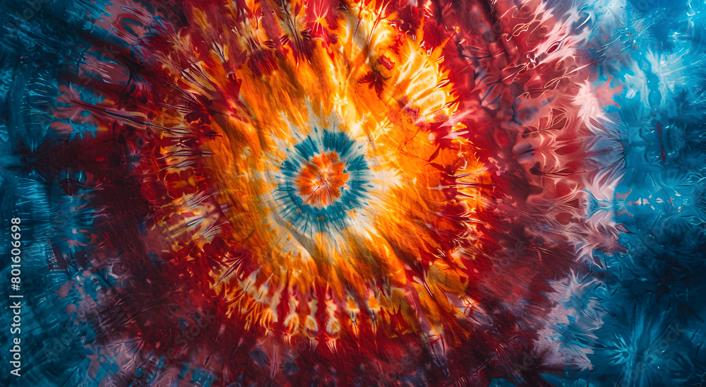 Vibrant Tie-Dye Explosion in Fiery Reds and Cool Blues. Vibrant Tie-Dye Explosion in Fiery Reds and Cool Blues.