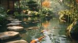 A Japanese tea garden, stepping stones, and a single bamboo bench for meditation, koi swimming lazily.