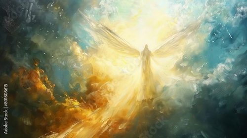 celestial inspiration angelic figure descending from heavens spiritual awakening concept oil painting