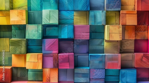 3D rendering of a colorful wooden wall made of small cubes photo