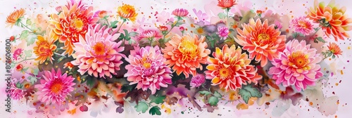 Chrysanthemums burst like fireworks, celebrating the autumn with splendor and variety, kawaii water color, bright water color