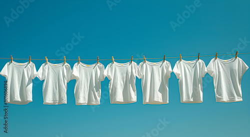 White t-shirts hanging on a clothespin line against a clear blue sky.