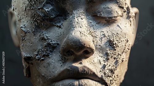 A close view of a cracked clay sculpture portraying interracial human face.