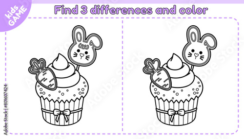 Easter kids game Find 3 differences with cartoon Easter muffin with gingerbread carrot and rabbit. Spot the differences. Educational puzzle for children. Outline vector illustration of the cupcake.