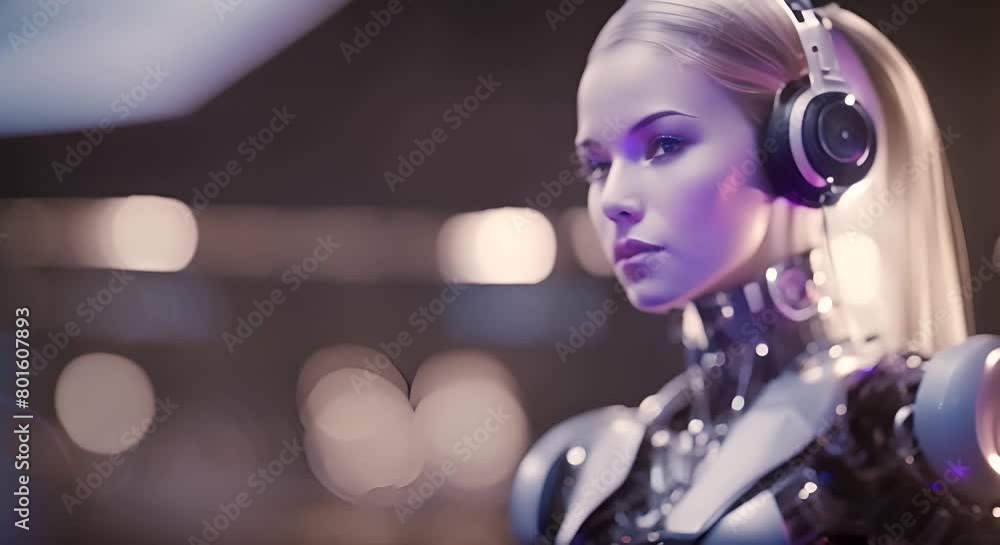 Elegant female robot in smooth motion Beautiful science fiction robotic model enjoy the music wearing headphones Flowing isolated on black background Fashion techno visuals concept Elegant female robot in smooth motion Beautiful science fiction robotic model enjoy the music wearing headphones Flowing isolated on black background Fashion techno visuals concept