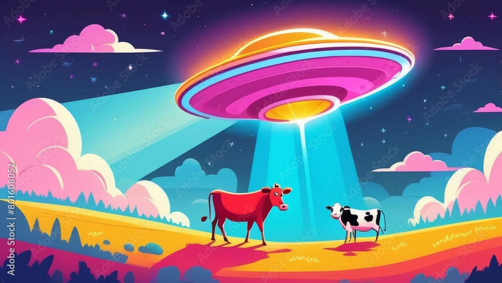UFO over the field with white cows, at dusk, vivid cartoon illustration UFO over the field with white cows, at dusk, vivid cartoon illustration