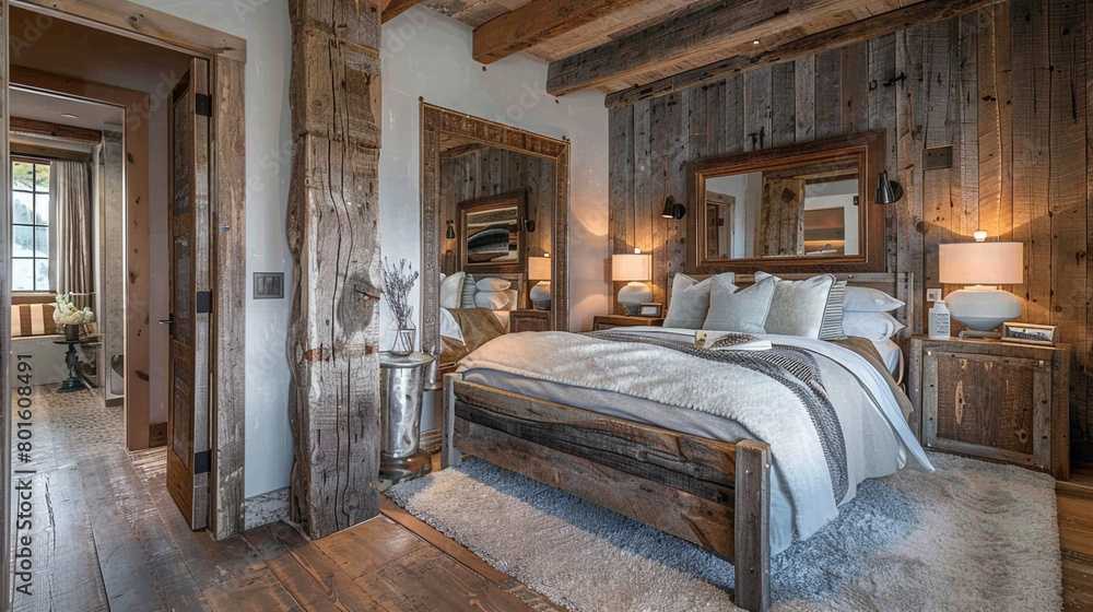 A rustic-chic bedroom with a reclaimed wood bed as the focal point and a large, antique mirror reflecting the warmth of the space.