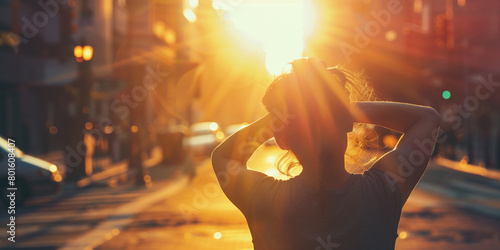 Exhausted person suffering from heat wave on a city street under direct sunlight, mirages blurring the urban horizon. photo