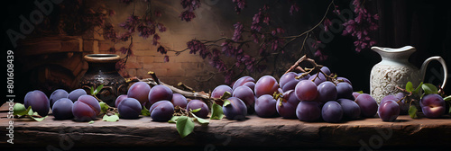 A plum lying on a wooden table, with a few plums nearby, and a plum tree leaning in, as if trying to grab one, in a rustic setting.