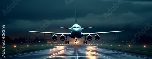 White Passenger plane fly up over take off runway from airport banner tourism travel vacation flight sky clouds dark night