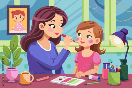 A mother teaching her daughter how to apply makeup