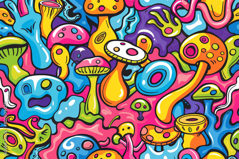 Fototapeta premium Groovy cartoon, style designs fun colorful rainbow bright and engaging, fantasy world, black and white to create a sense of nostalgia, storytelling, coloring book.