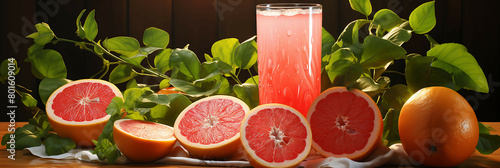 A refreshing and fruity glass of freshly squeezed grapefruit juice. photo