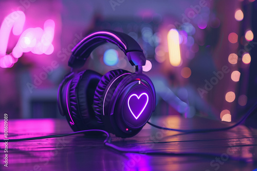 Purple headphones with glowing neon elements, gaming and entertainment equipment