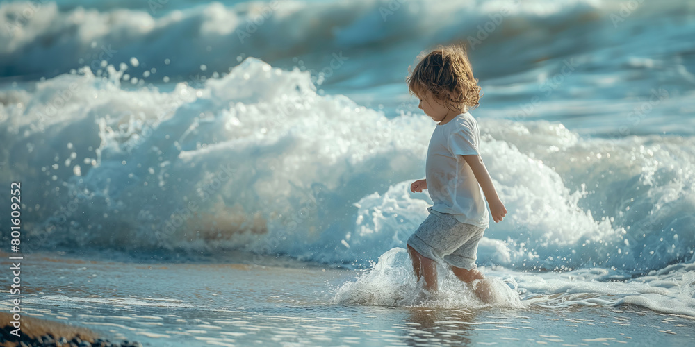 Adorable little child playing at the beach during summer vacations. Cute child running in sea waves. Active leisure on holidays.