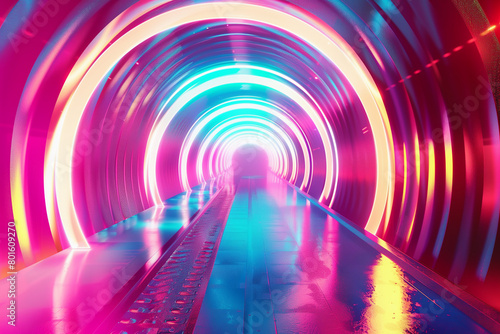 futuristic retro neon glowing tunnel, 3d synthwave background