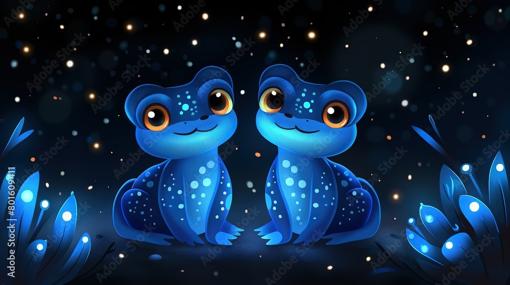 Obraz premium A pair of blue frogs perched together atop a verdant field brimming with blossoms and foliage