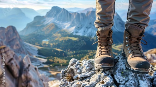 adventurous hikers boots on rugged mountain peak breathtaking panoramic landscape vista