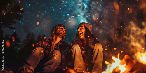 Two cheerful friends laughing by a campfire, with the glow of the flames illuminating their faces, under a starry night sky.
