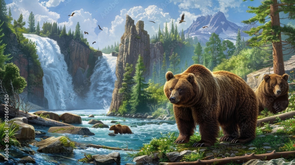 A family of bears roaming through a picturesque landscape dotted with waterfalls and lush greenery demonstrating the importance of preserving natural habitats.. A family of bears roaming through a picturesque landscape dotted with waterfalls and lush greenery demonstrating the importance of preserving natural habitats..