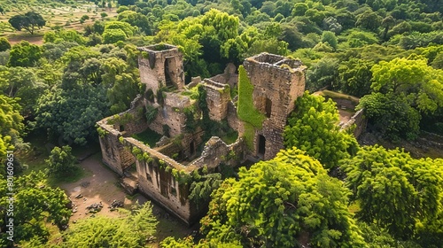 aerial view of ancient fasil ghebbi castle ruins surrounded by lush green trees gondar ethiopia travel photography photo