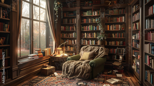 A cozy reading nook with floor-to-ceiling bookshelves and a plush  oversized armchair as the focal point.