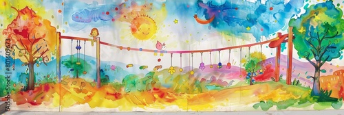A colorful painting of a playground with children playing on it