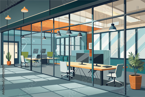 A modern office space with glass partition walls, concrete floors, and minimalist metal desks