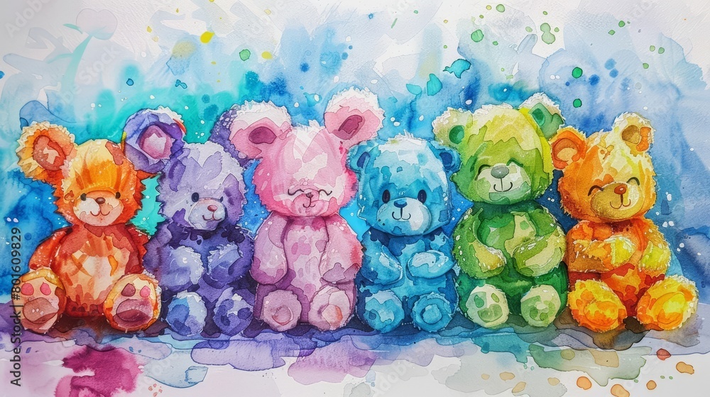 Stuffed animals are the cuddly critters that color dreams with comfort and care, kawaii water color, bright water color