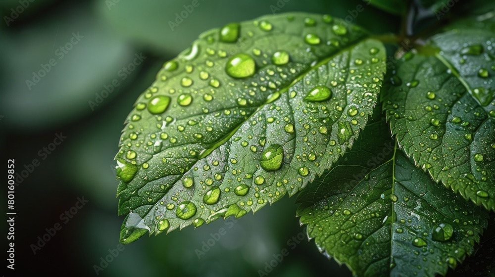 A vibrant green leaf adorned with sparkling water droplets A vibrant green leaf adorned with sparkling water droplets