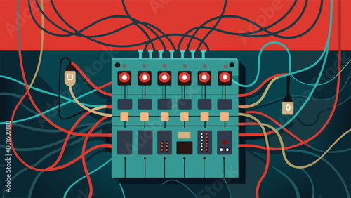 The switchboard displays a dizzying array of wires and connections symbolizing the tangled web of fearbased control being woven over society..