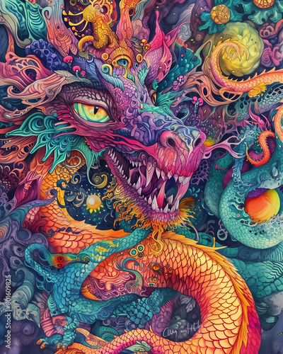Abstract world, dragons. Unbelievably detailed very colorful, watercolor painting
