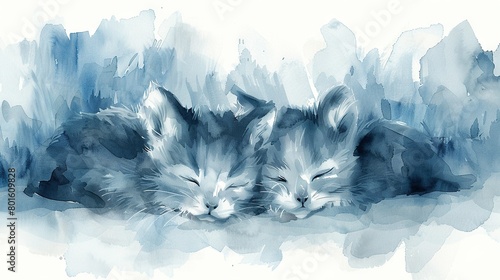   A pair of feline companions reposing atop a vibrant watercolor depiction of blue and white hues photo