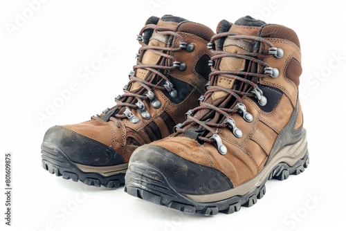 A pair of brown leather hiking boots with red laces on a white background