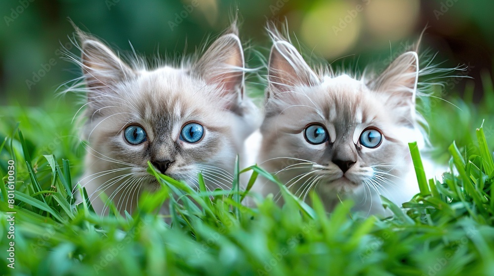 Two kittens with blue eyes sit in the grass, gazing curiously at the camera Two kittens with blue eyes sit in the grass, gazing curiously at the camera