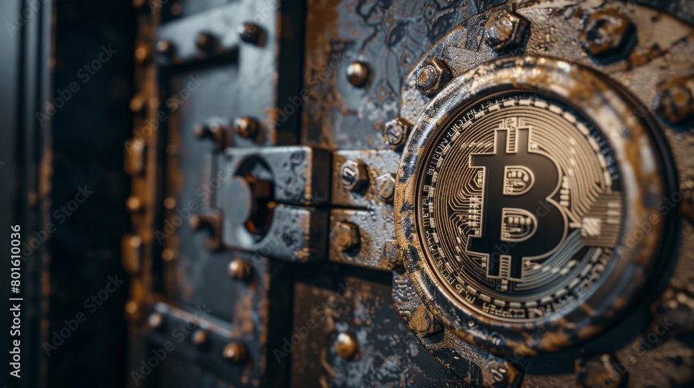 Lock bank safe with the Bitcoin symbol on it, concept: beware of scammer, 16:9
