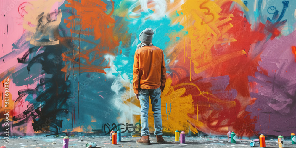 Street artist spray-painting a mural on a city wall, with cans of paint ...