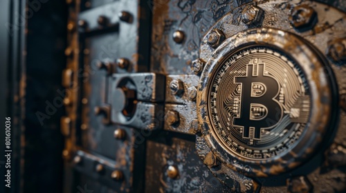 Lock bank safe with the Bitcoin symbol on it, concept: beware of scammer, 16:9