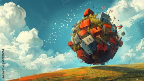 illustration, ball consisting of houses rolls down a meadow, concept: Downturn, slowdown in real estate sector, 16:9 photo